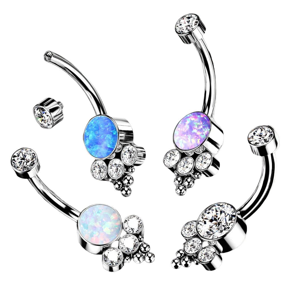Implant grade TITANIUM belly bar with cubic zirconia and synthetic opals, UK seller , worldwide shipping