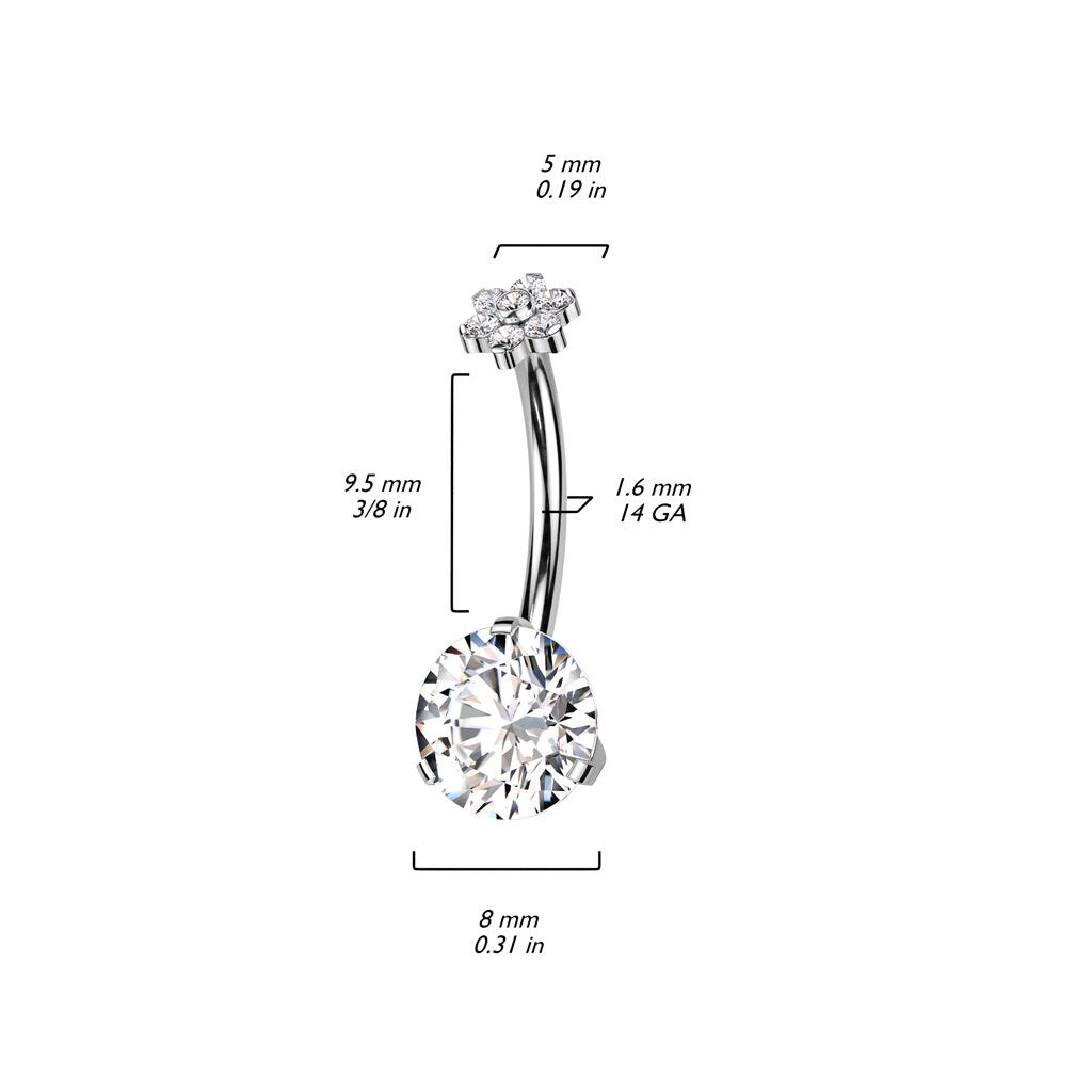 Push fit implant grade titanium belly bar with cubic zirconia gemstones, Worldwide shipping, UK seller