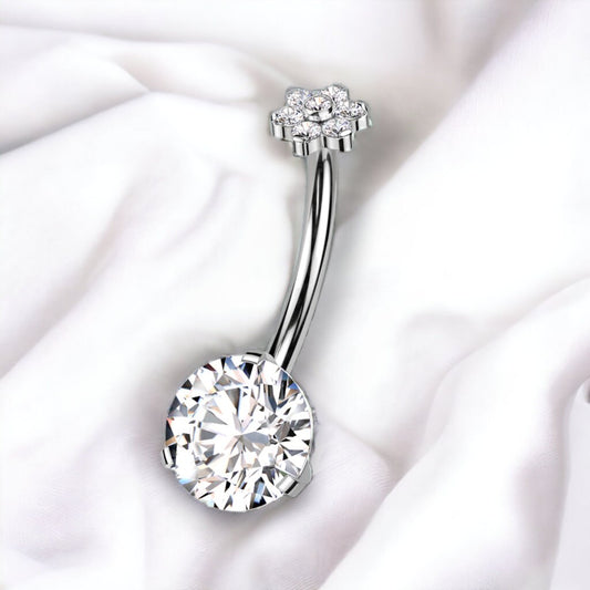 Push fit implant grade titanium belly bar with cubic zirconia gemstones, Worldwide shipping, UK seller