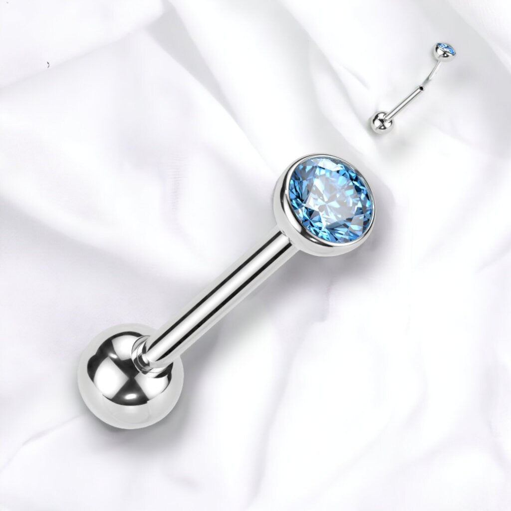 Implant Grade Titanium Threadless Push in Barbell With Bezel Set CZ Top,UK seller, worldwide shipping, Tongue bar