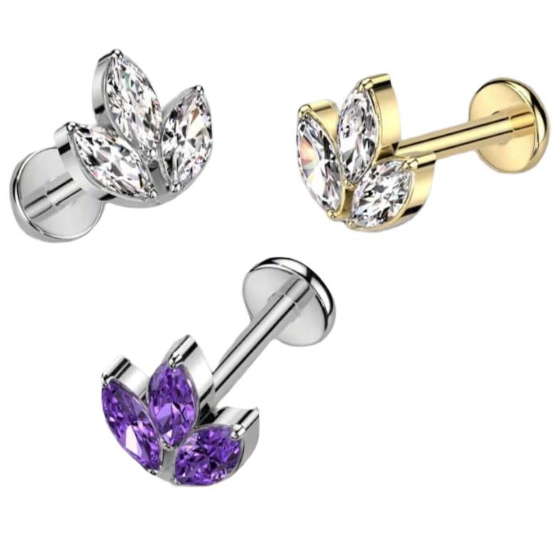 Implant Grade Titanium Internally Threaded With 3 Marquise CZ Leaf Top, UK seller, worldwide shipping