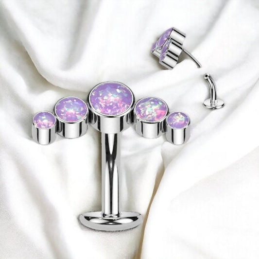 Implant Grade Titanium,Threadless 'Floating' Belly Button Ring With 5 Round Bezel Set Opals, Curve Top, worldwide shipping, UK seller