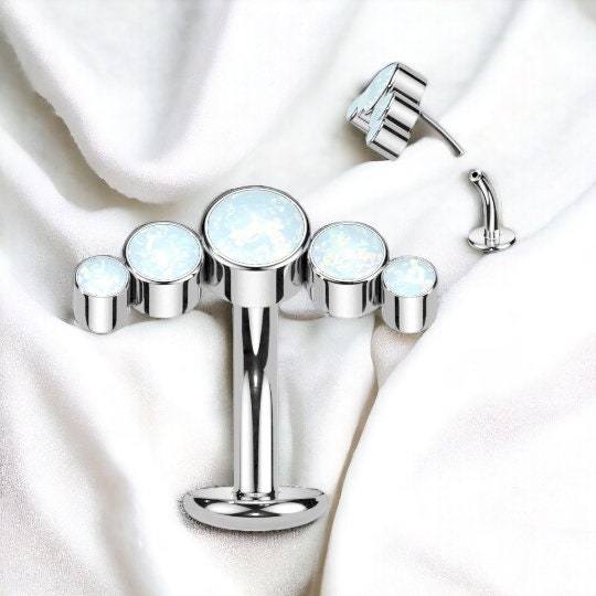 Implant Grade Titanium,Threadless 'Floating' Belly Button Ring With 5 Round Bezel Set Opals, Curve Top, worldwide shipping, UK seller