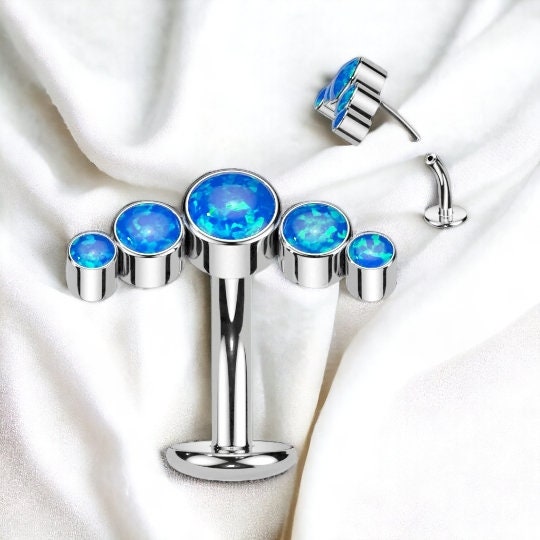 Implant Grade Titanium,Threadless 'Floating' Belly Button Ring With 5 Round Bezel Set Opals, Curve Top, worldwide shipping, UK seller