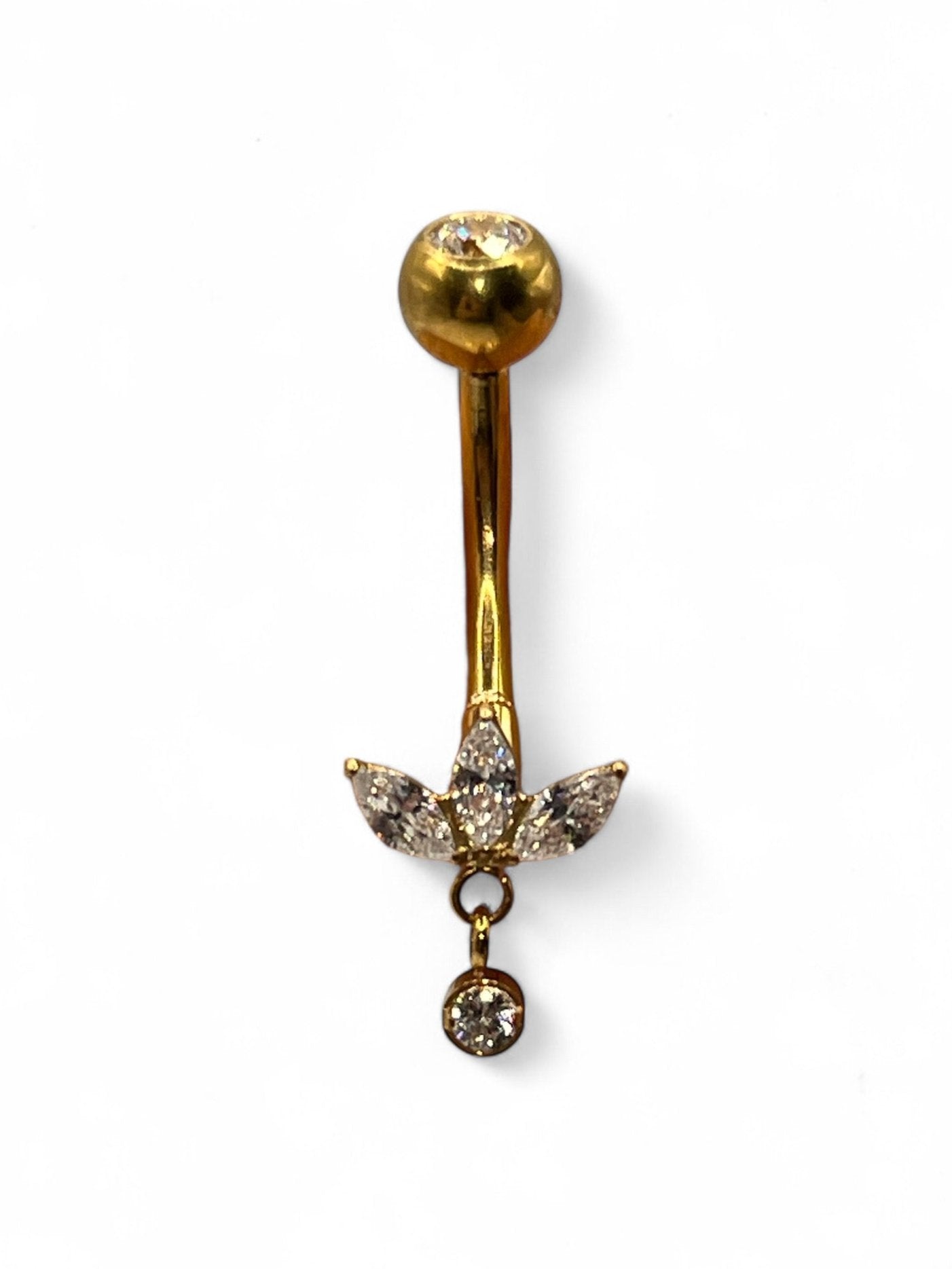 Gold PVD coated Titanium Navel bar with Flower petals and dangling round CZ gem