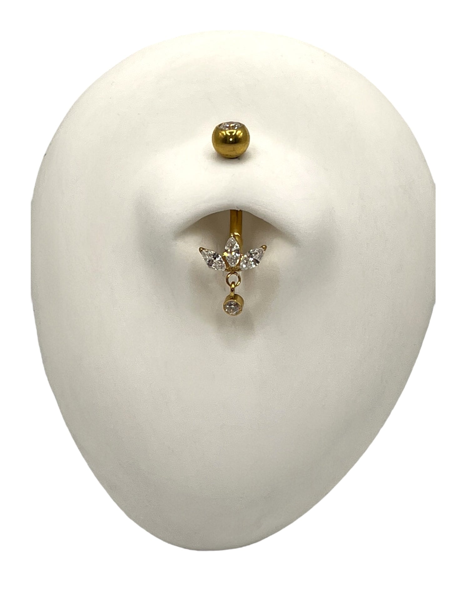 Gold PVD coated Titanium Navel bar with Flower petals and dangling round CZ gem