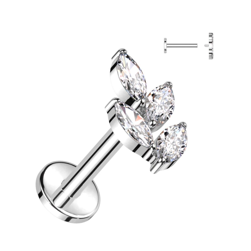 Titanium Internally Threaded Labrets 1.2mm - Titanium Claw Set Marquise Jewelled Leaf