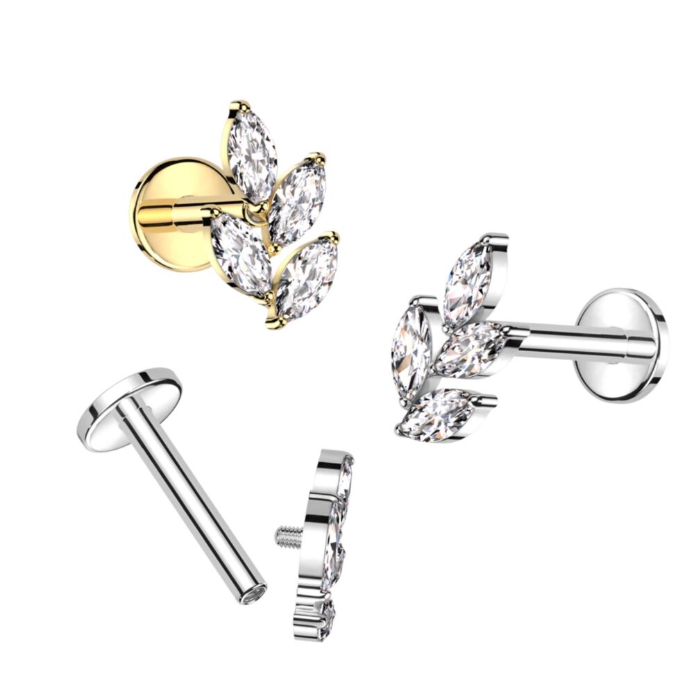 Titanium Internally Threaded Labrets 1.2mm - Titanium Claw Set Marquise Jewelled Leaf