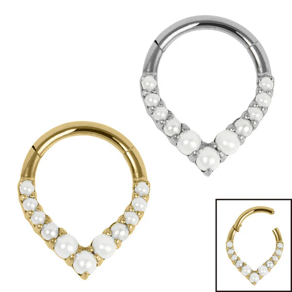 V-shape Titanium Pearl hinged ring, eternity, 1.2/8mm