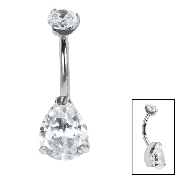 Titanium Internal Thread Belly Bar with Claw Set Jewelled Pear shape CZ gems 1.6/10mm