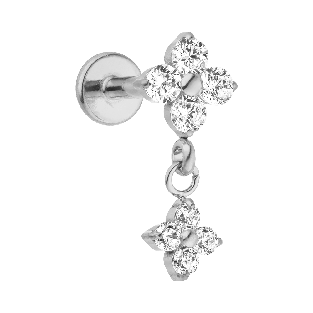 Crystal Flower Clover Dangle Titanium Flat Back Labret