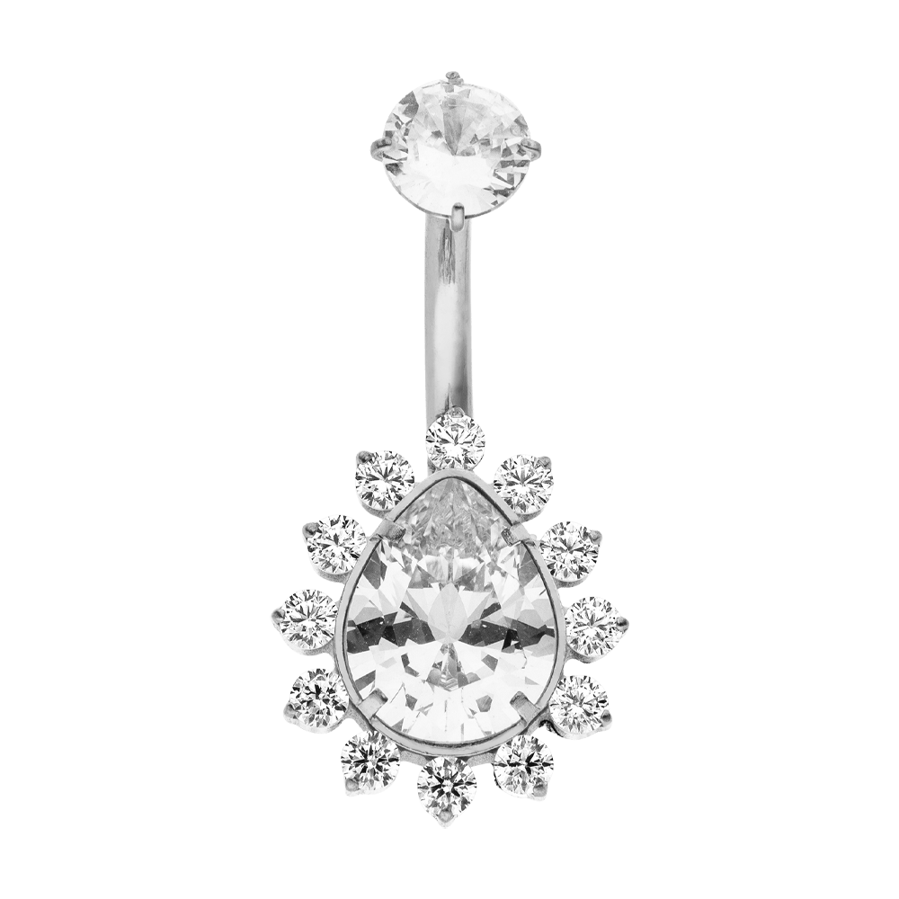 Gold/Silver High Polished Teardrop Crystal Halo Titanium Belly Bar