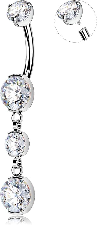 Titanium dangling Navel bar with large and small round CZ gem, internally threaded, 1.6/10mm