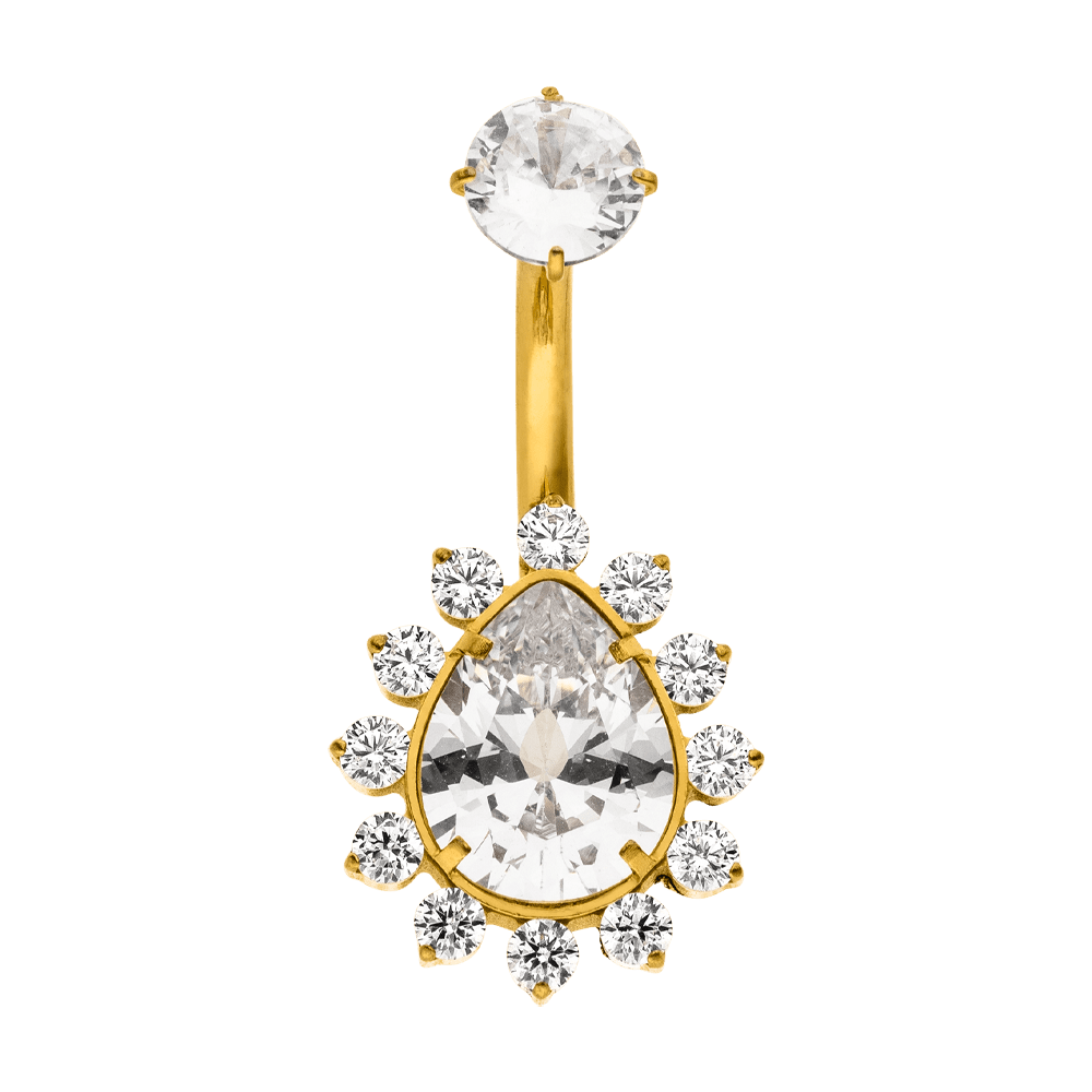 Gold/Silver High Polished Teardrop Crystal Halo Titanium Belly Bar