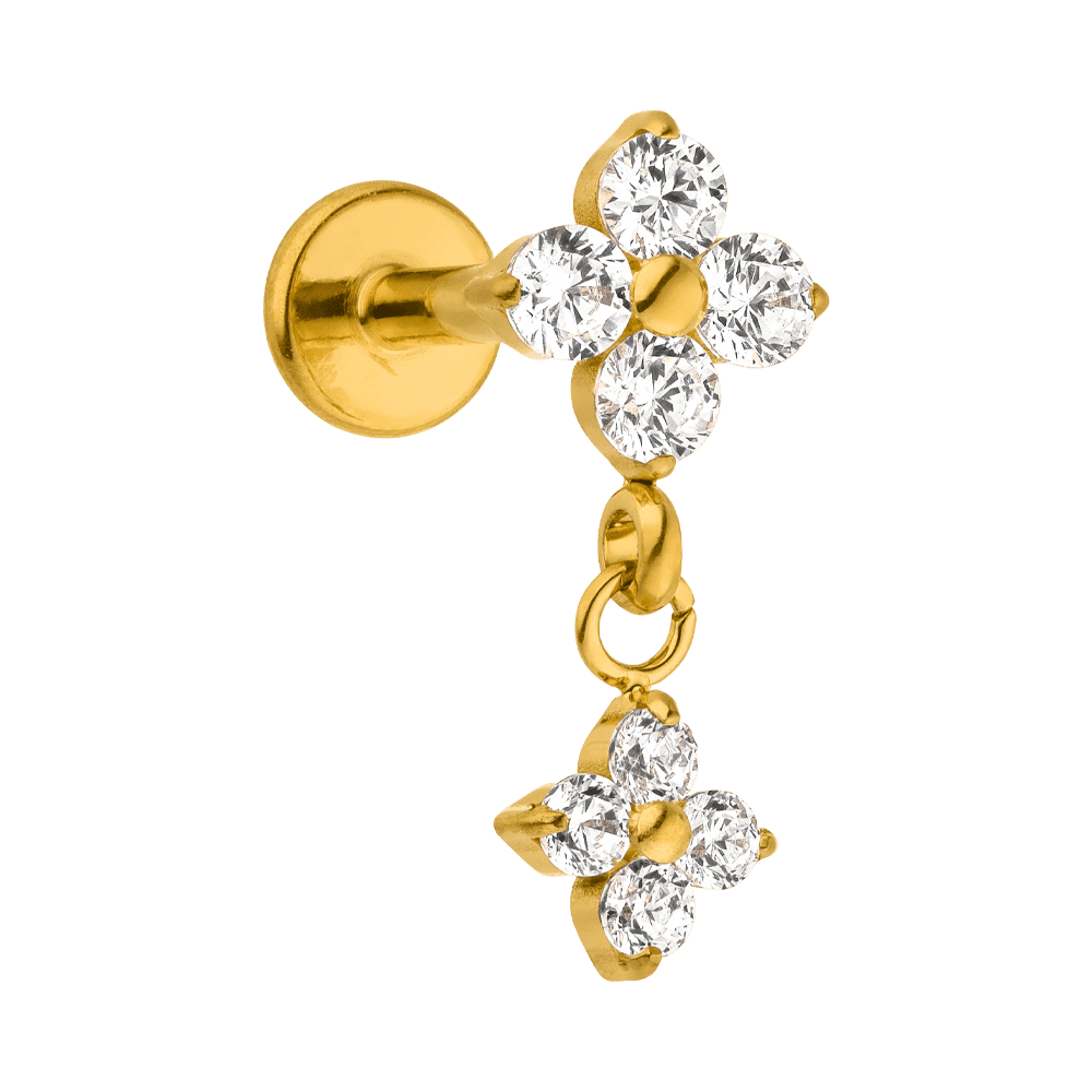 Crystal Flower Clover Dangle Titanium Flat Back Labret