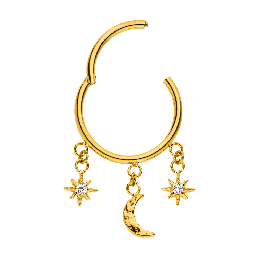 Moon & Star Dangle Titanium Clicker Ring – Conch