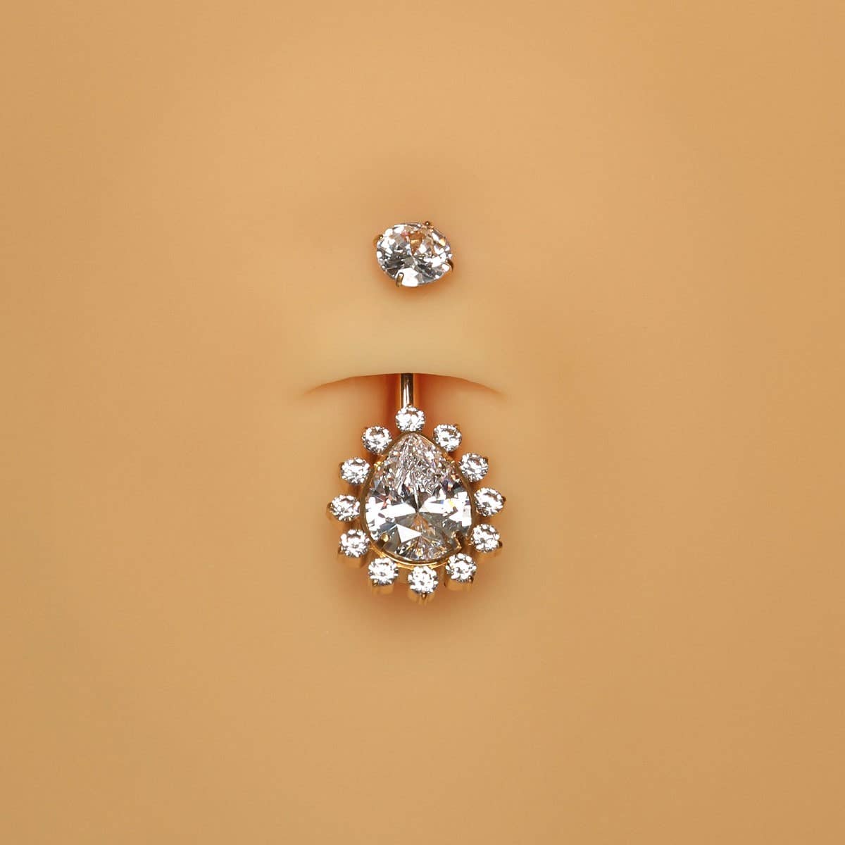 Gold/Silver High Polished Teardrop Crystal Halo Titanium Belly Bar