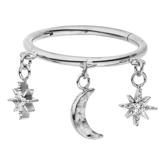 Moon & Star Dangle Titanium Clicker Ring – Conch