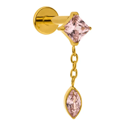 Pink Zirconia Drop Chain Titanium Flat Back Labret