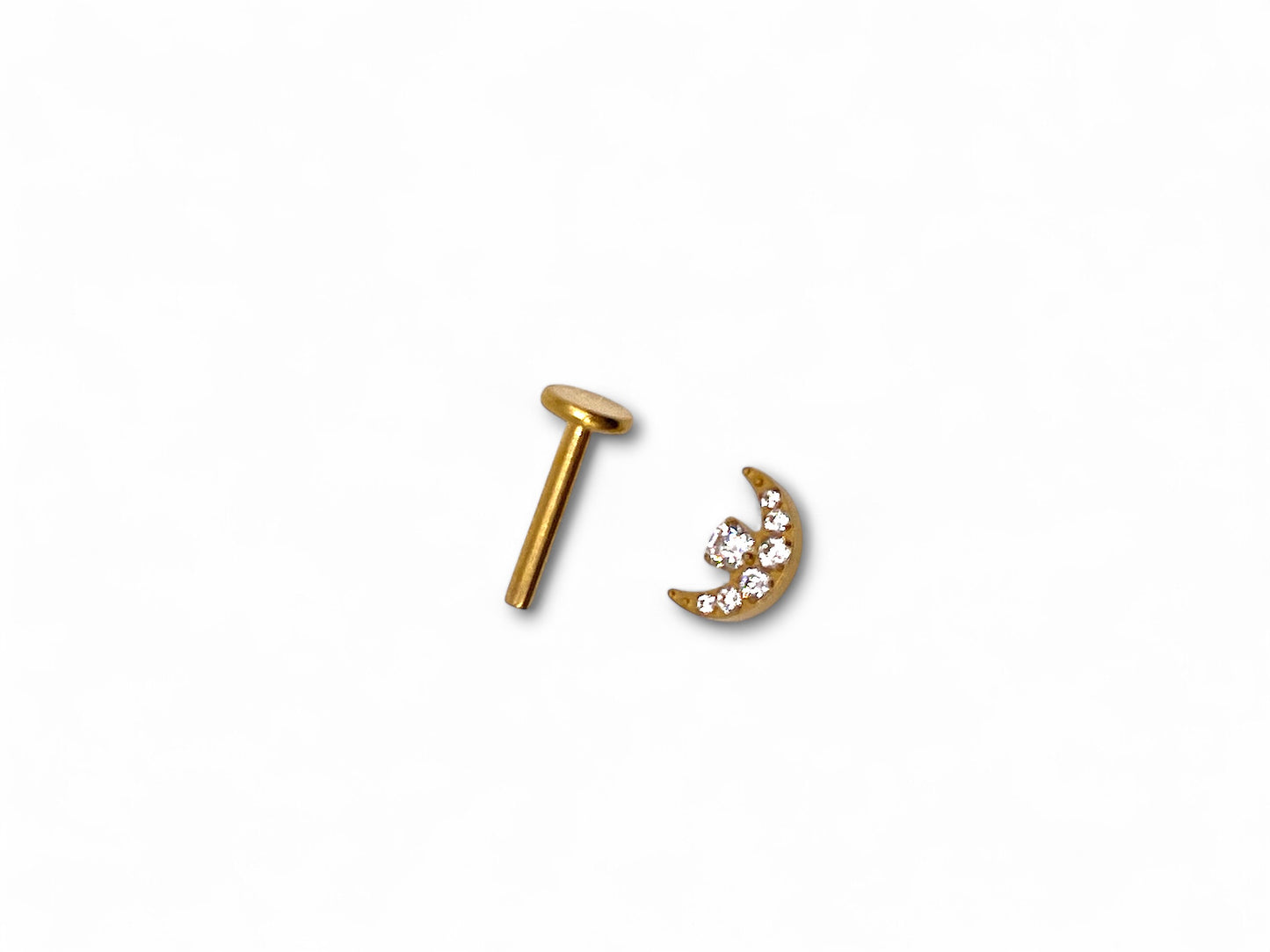 Moon with Cubic Zirconia gems, 1.2/8mm Titanium labret bar,High polished/Gold