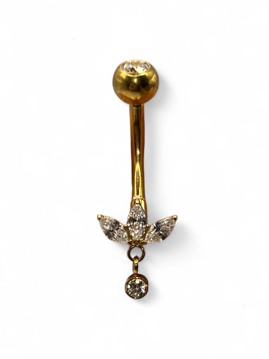 Gold PVD coated Titanium Navel bar with Flower petals and dangling round CZ gem