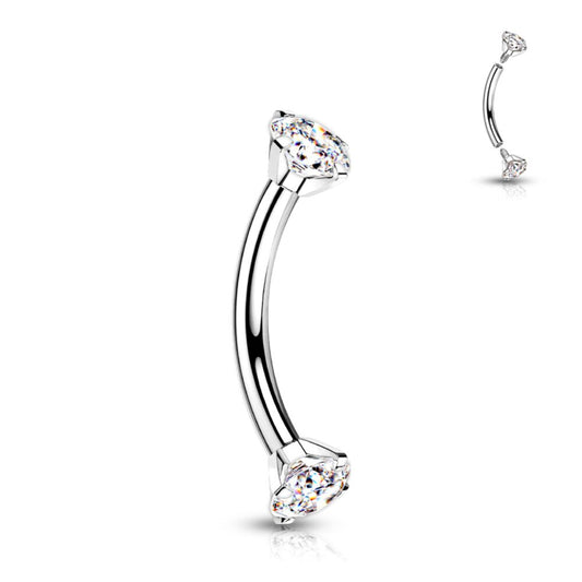 1.2/6mm Titanium Curved bar, Claw set CZ gem ends, internally threaded, Body Jewellery